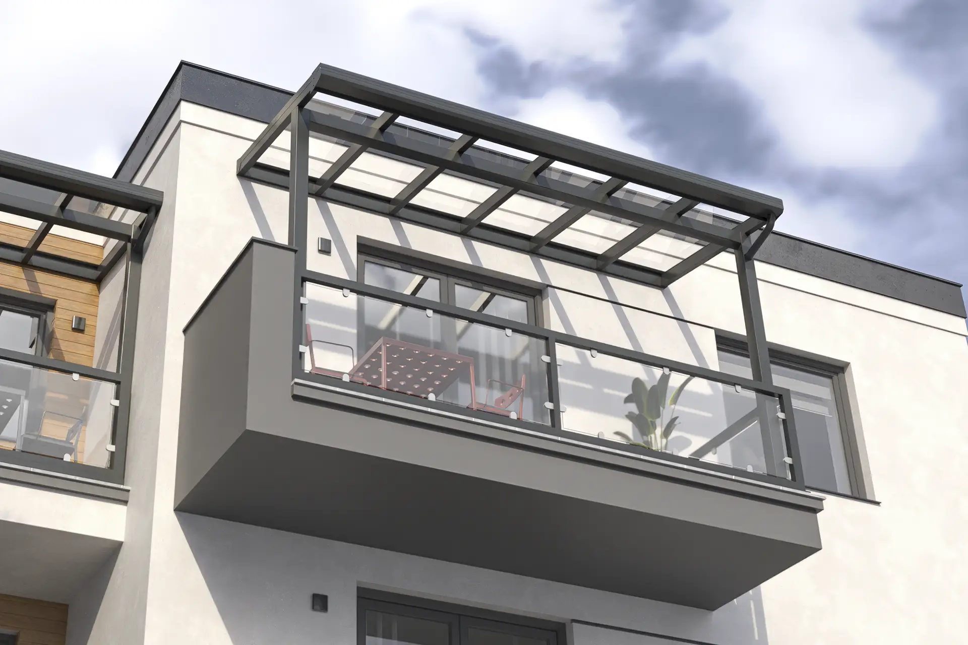 Balkonüberdachung aus Aluminium und Glas in Augsburg mit stabilem Glasdach