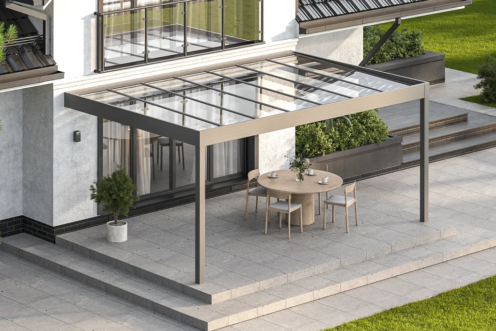 Terrassenüberdachung kubisch grau in Augsburg